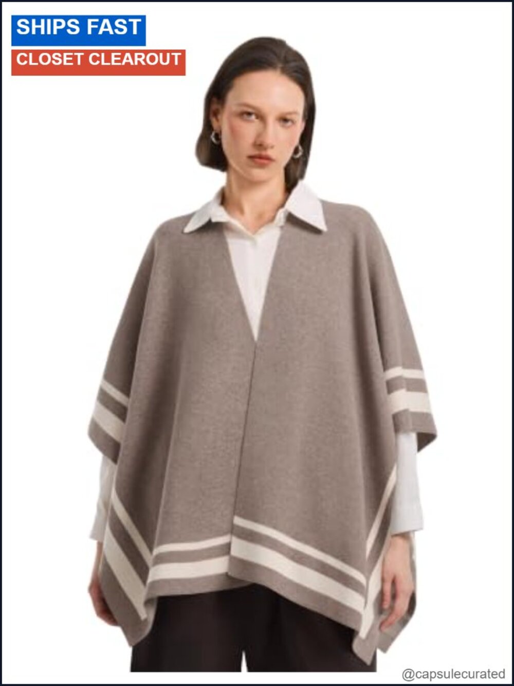 PULI Women's Open Front Poncho Shawl Wraps Stripe Knit Cape